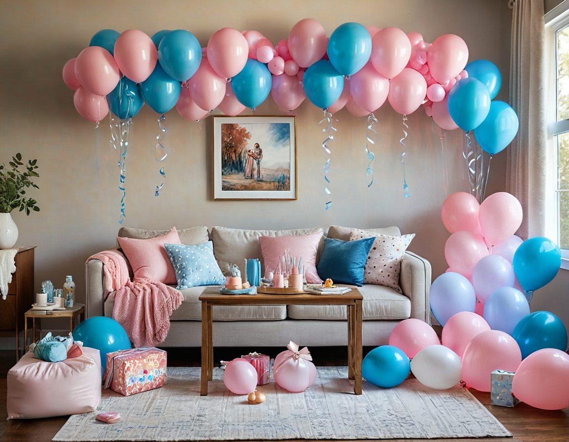 A cozy living room setting featuring a beautiful baby shower scene with balloons and gifts, a table with parenting books and coupons scattered around, a warm light illuminating the space, intertwined with subtle symbols of parenting support like diapers and pacifiers. A joyful family interaction in the background adds warmth. super-realistic. vibrant colors. soft lighting.