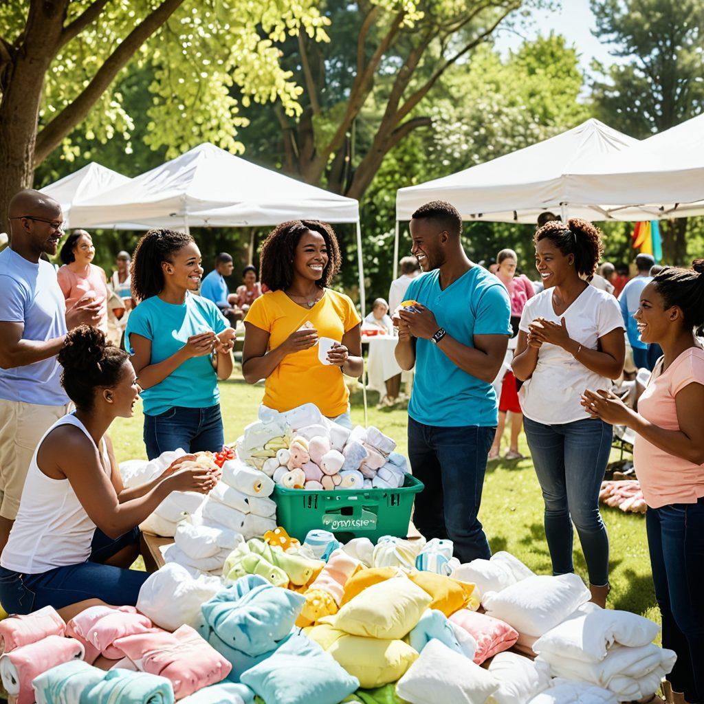 A heartwarming scene of a diverse group of parents joyfully engaging with their babies, surrounded by colorful baby products and generous giveaway items like diapers, toys, and clothes. In the background, a cozy community event with tables displaying parenting resources and support materials. Bright sunlight filtering through trees, creating a welcoming atmosphere. Emphasize connection, happiness, and a sense of community. vibrant colors. super-realistic.